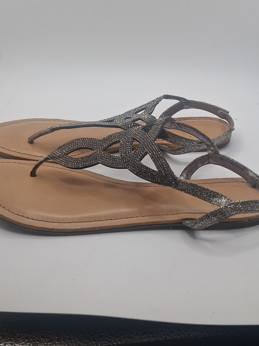 Material Girl Silver Rhinestone T-Strap Sandals - Picture 6 of 7